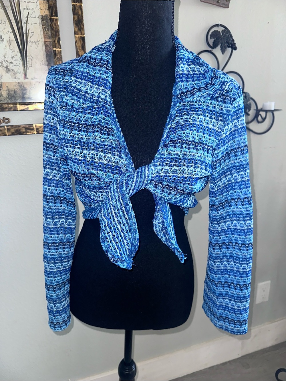Vintage Y2K Mirrors Tie-Front Blue White Striped Collar Sweater Cardigan Shrug L
